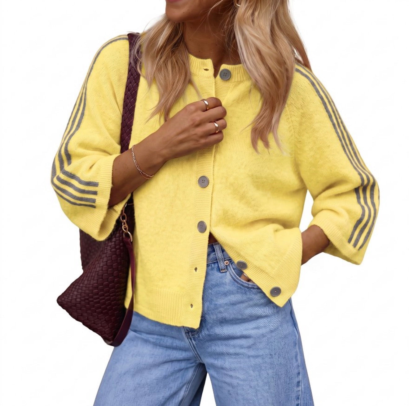 Imily Bela Women Striped 3/4 Sleeve Knit Cardigan Sweater Jacket
