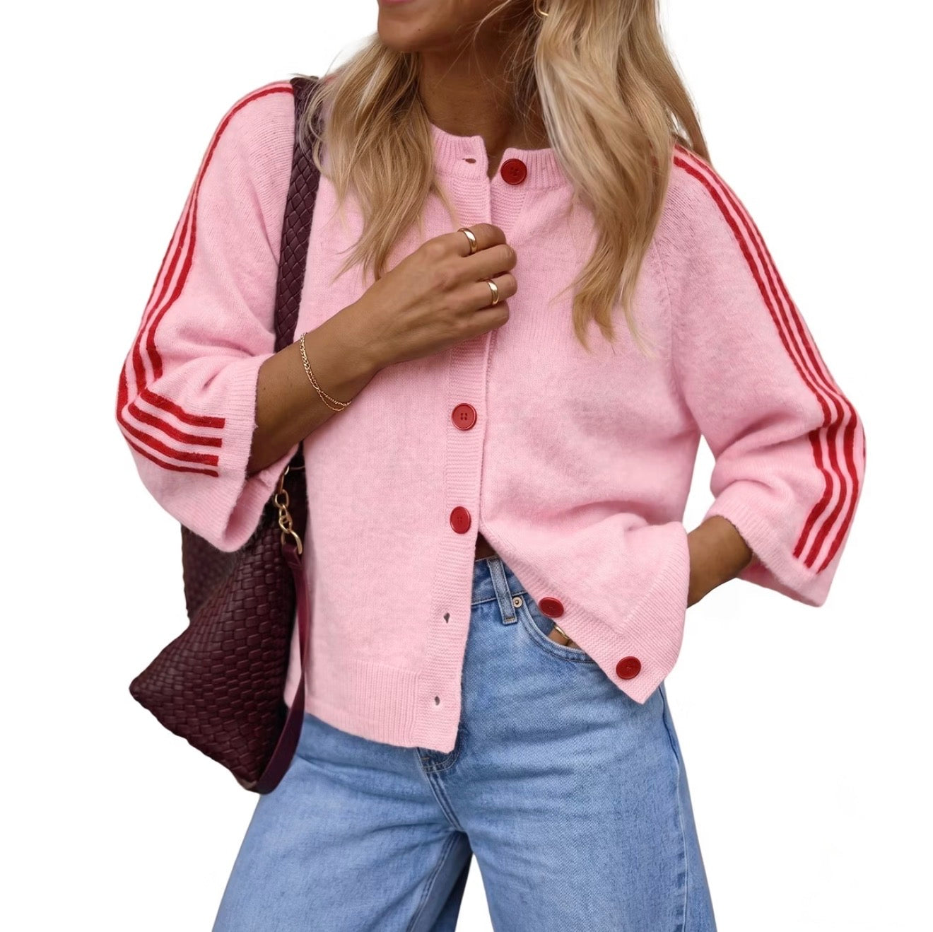 Imily Bela Women Striped 3/4 Sleeve Knit Cardigan Sweater Jacket