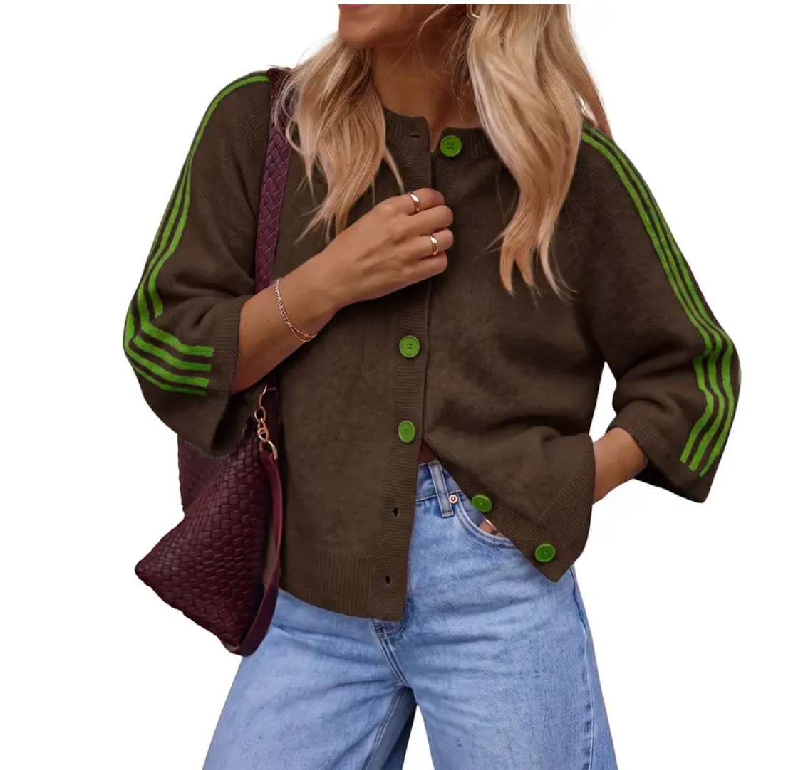 Imily Bela Women Striped 3/4 Sleeve Knit Cardigan Sweater Jacket