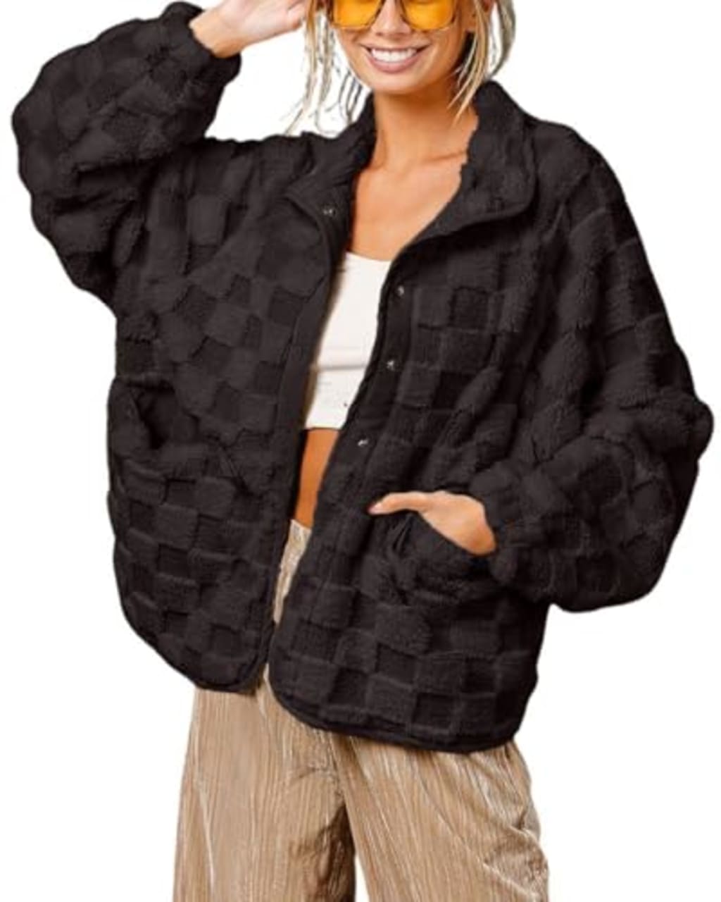 Chouyatou Women's Winter Contrast Plaid Sherpa Button Jacket