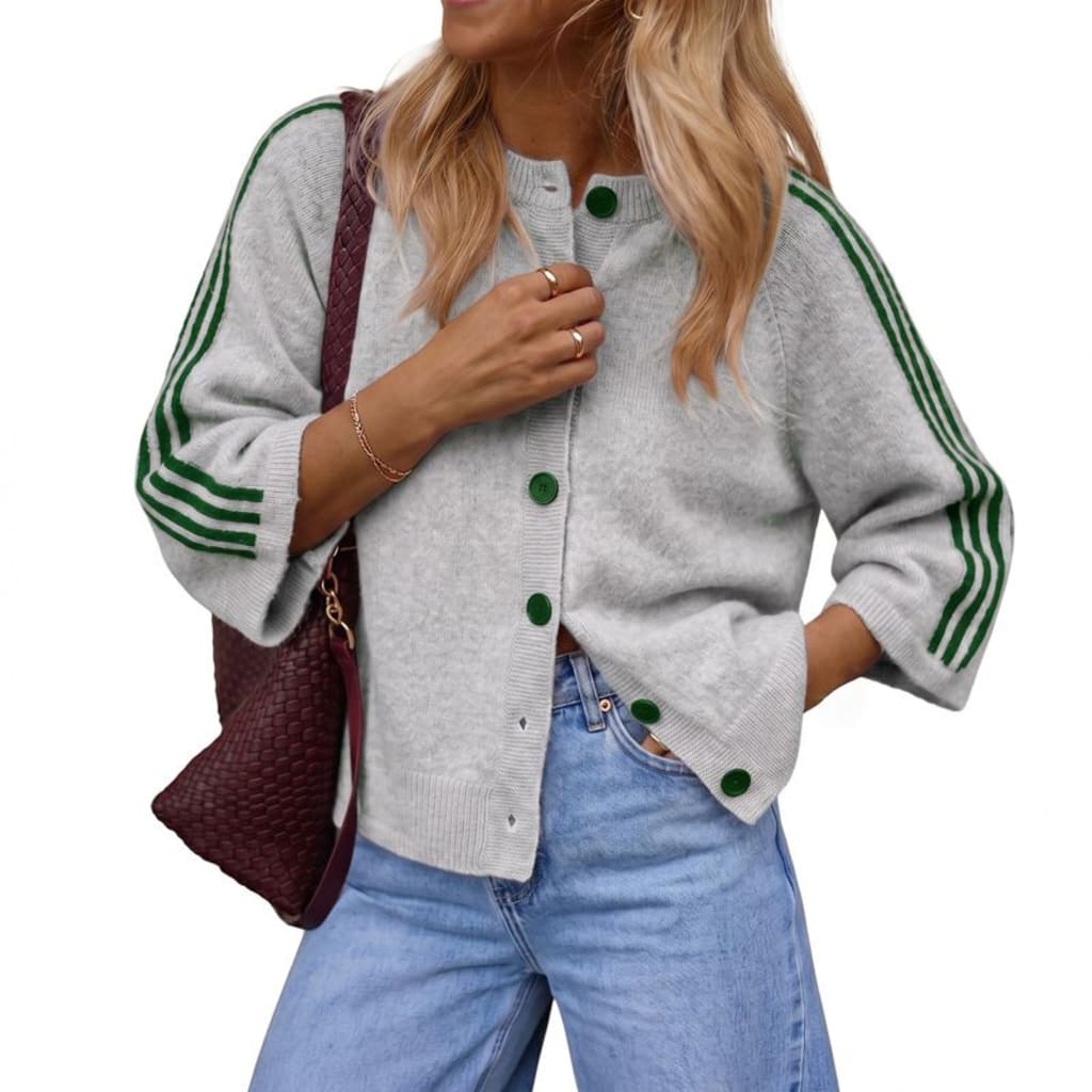 Imily Bela Women Striped 3/4 Sleeve Knit Cardigan Sweater Jacket